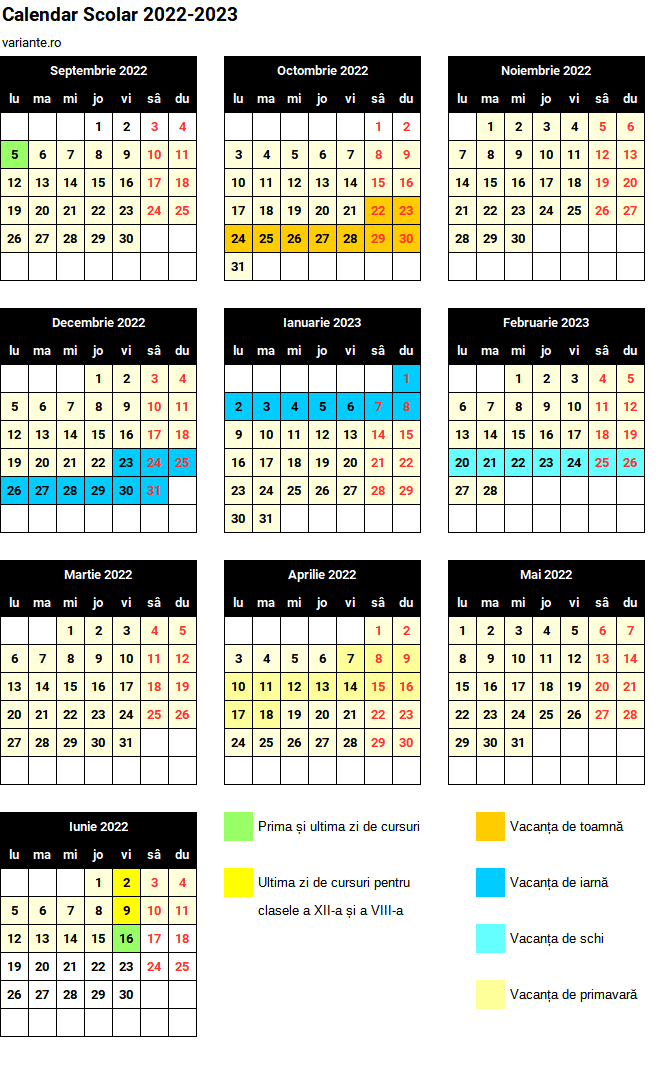 Calendar Scolar 2022-2023